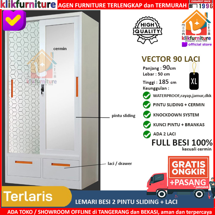 Lemari Pakaian Full Besi Pintu Sliding + 2 Laci + Brankas VECTOR 90 LC