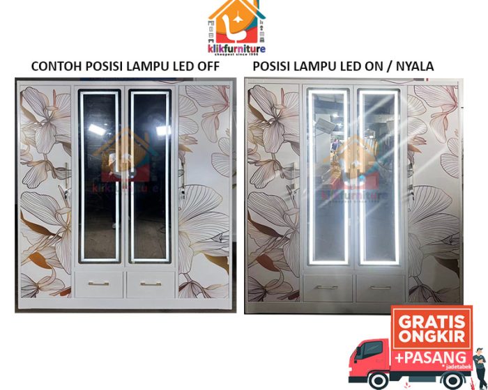 lemari pakaian besi 4 pintu led cled cermin