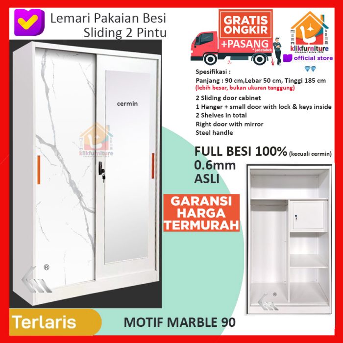 Full Besi Lemari Pakaian Pintu Sliding Anti Rayap Air MARBLE 90 SL