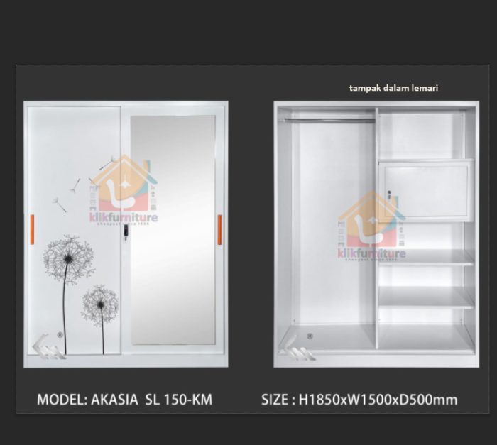 JUMBO SIZE Lemari Pakaian Besi 2 Pintu Sliding Cermin AKASIA 150 SL