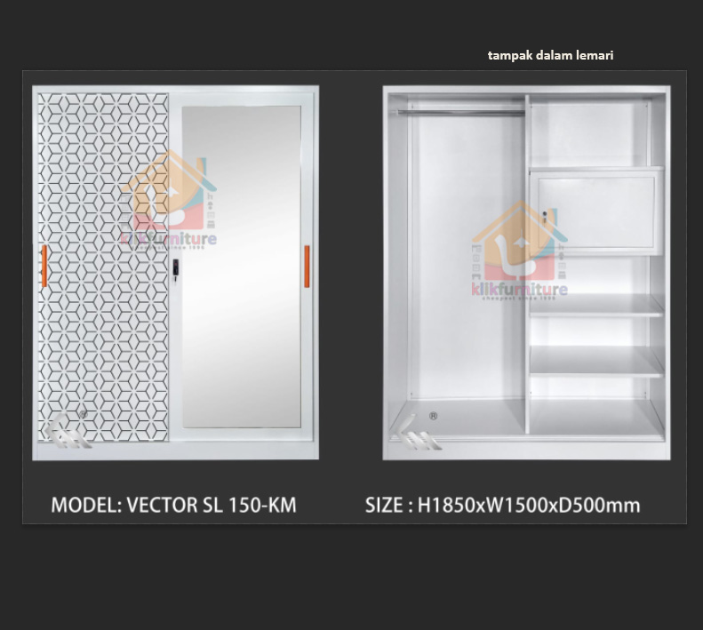 JUMBO SIZE Lemari Pakaian Besi 2 Pintu Sliding Cermin VECTOR 150 SL